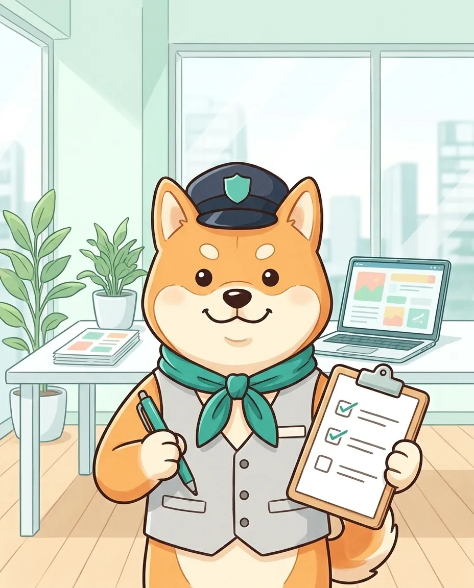 柴犬の警備員が、チェック表とペンを持ってこちらを見ている絵
