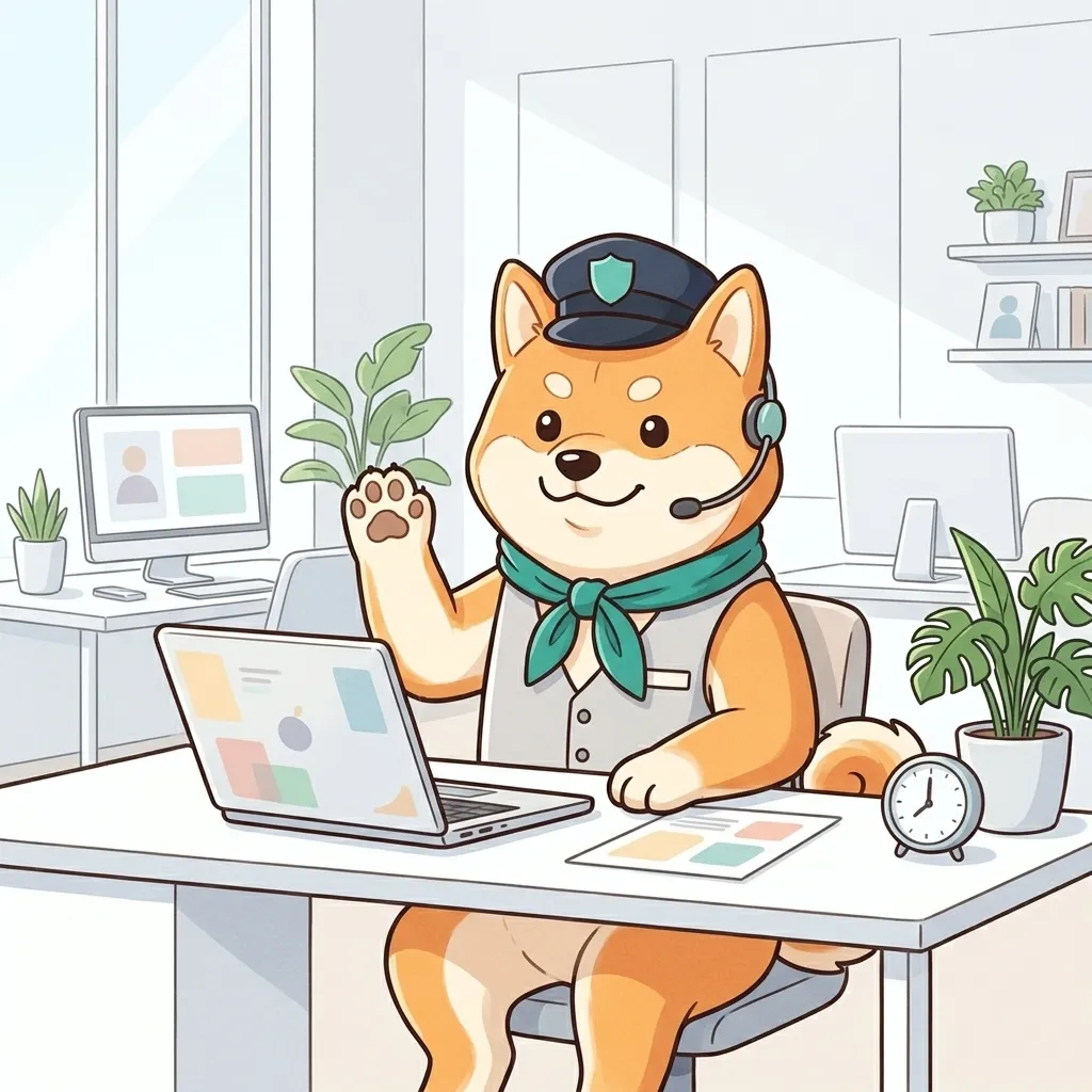 ヘッドセットを付けた柴犬が、机のパソコンの前でこちらに手を振っている絵