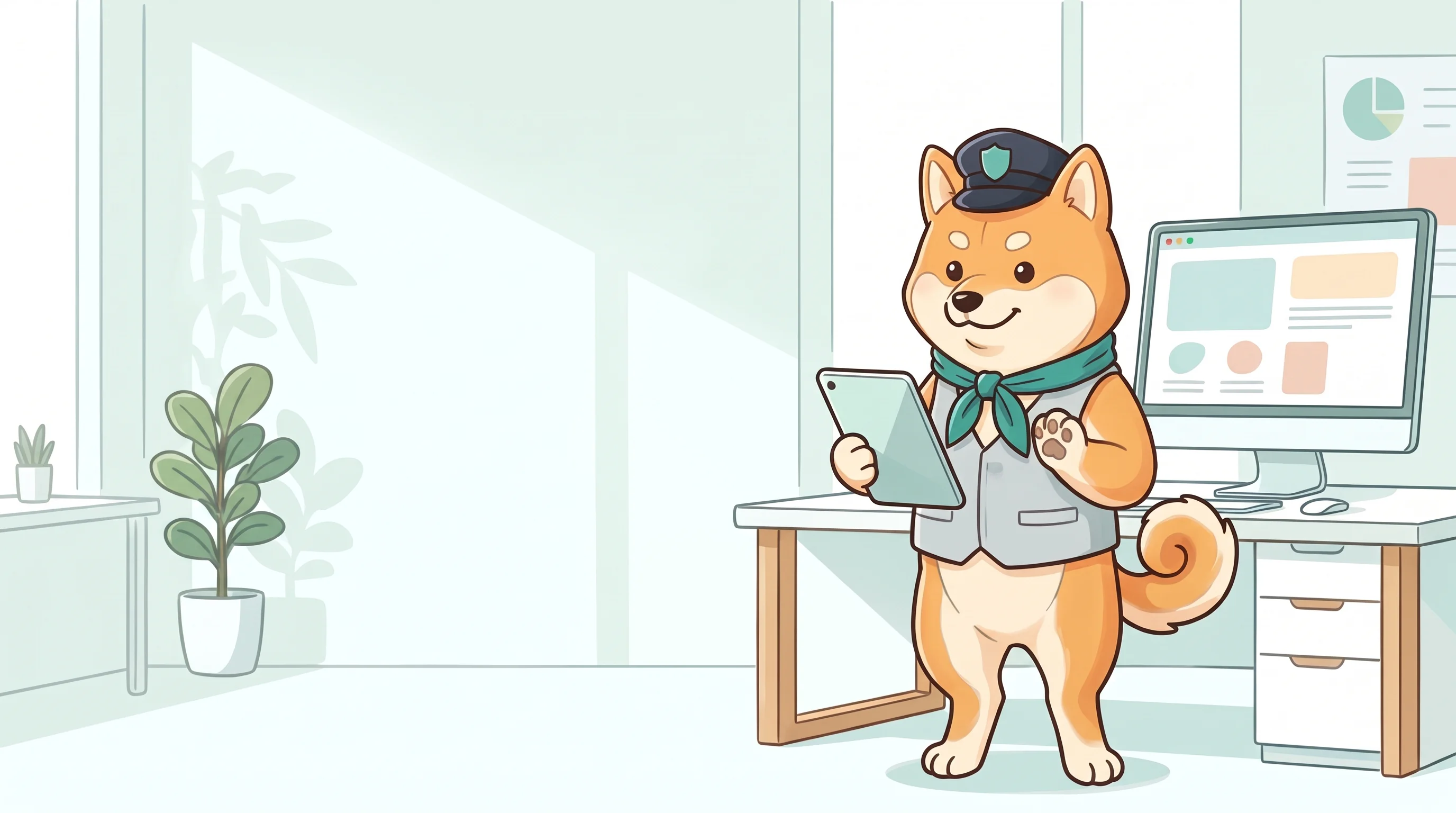 明るい事務所で、警備員の帽子をかぶった柴犬がタブレットを見ながら見回りをしている絵