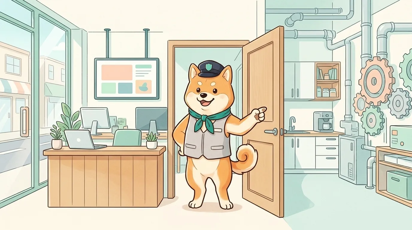 お店の断面の絵。左は明るい受付、右の扉の奥では歯車と管が動いている。柴犬が扉の奥を指さしている