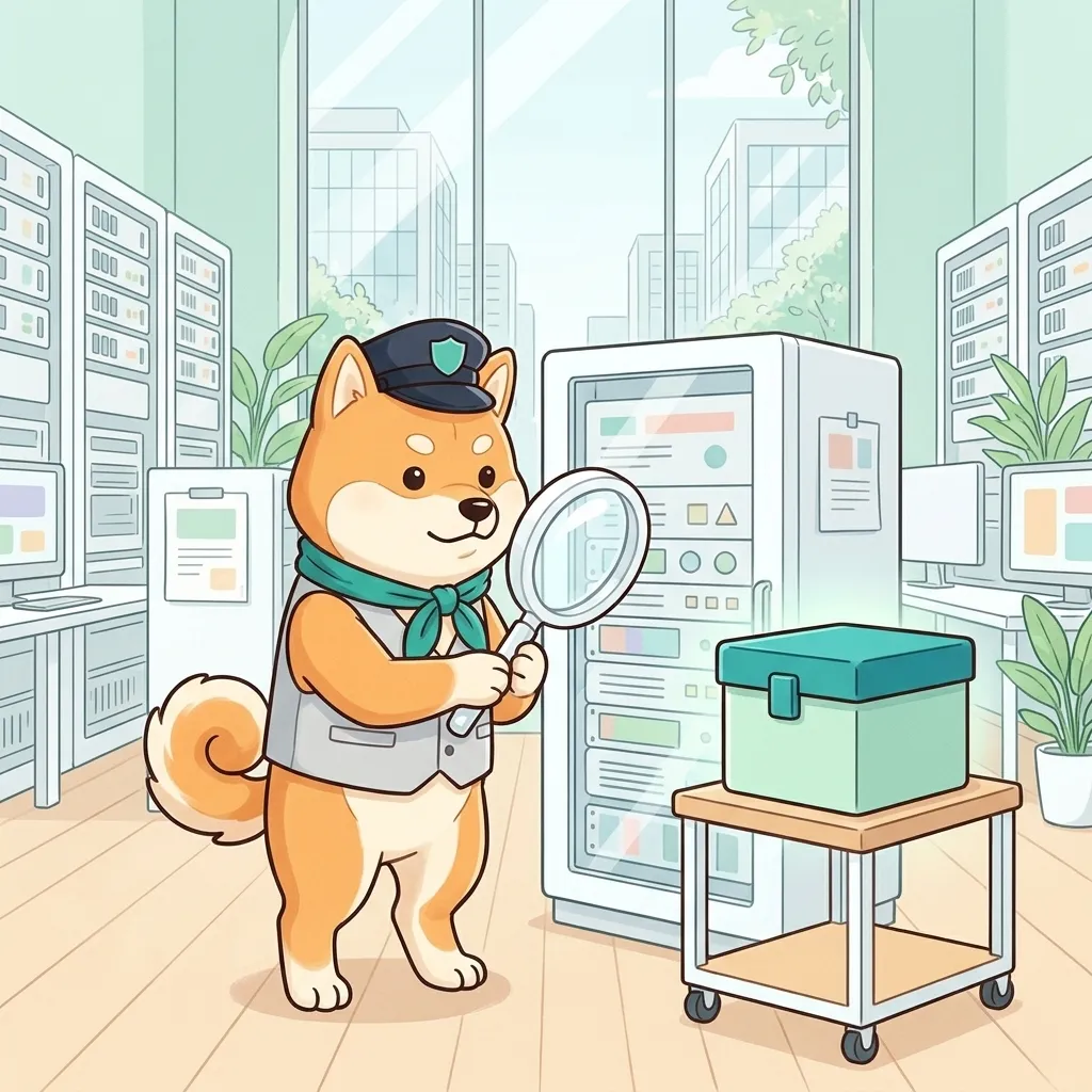 柴犬が虫めがねでサーバーを調べている。横の台車にバックアップの箱がある絵