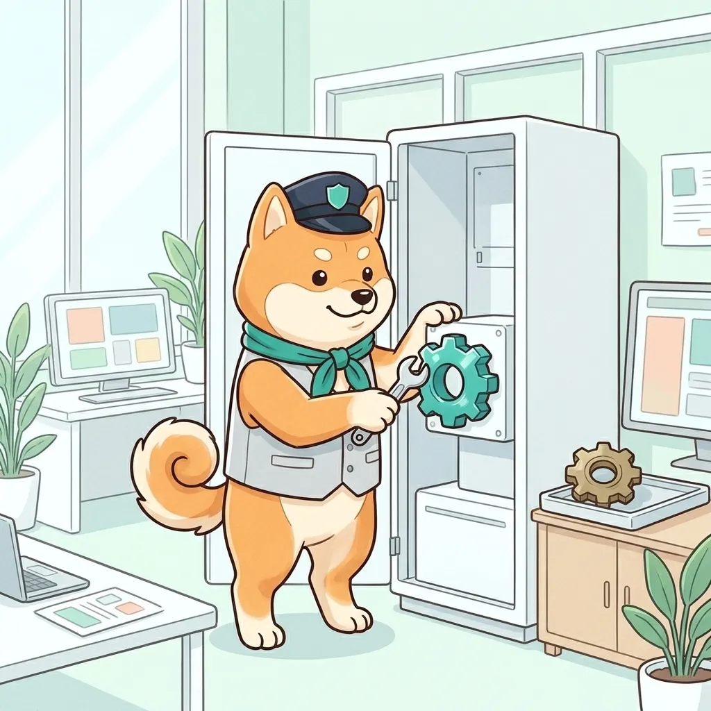 柴犬がサーバーの棚を開けて、古い歯車を新しい歯車に取り替えている絵