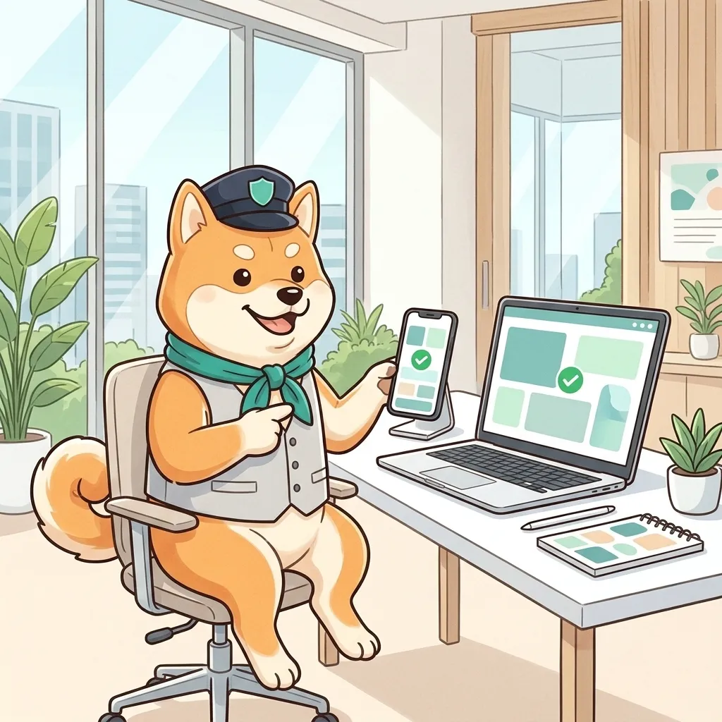 柴犬がノートパソコンとスマホの画面を見比べて、確かめの印を指さしている絵